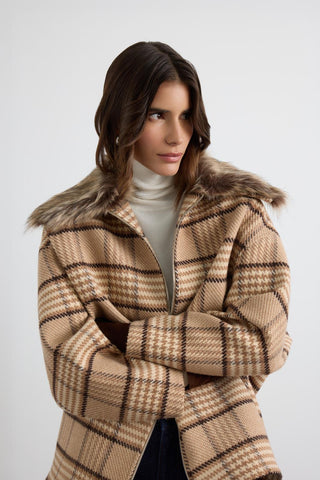 Checked Bomber Jacket with Fur Collar Camel