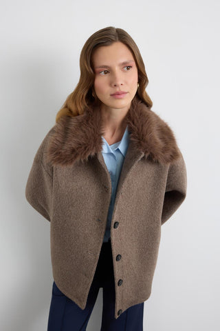 Wool Coat with Fur Collar Brown