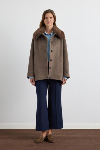 Wool Coat with Fur Collar Brown