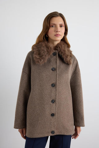 Wool Coat with Fur Collar Brown