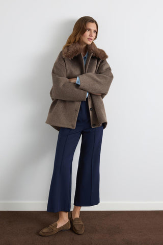 Wool Coat with Fur Collar Brown