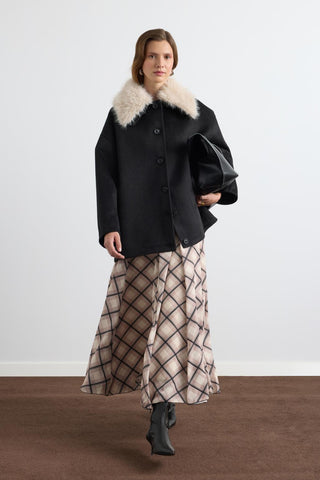 Wool Coat with Fur Collar Black