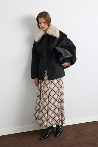 Wool Coat with Fur Collar Black