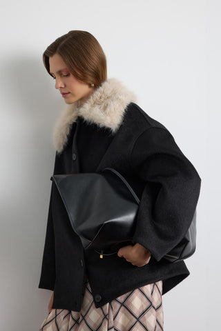Wool Coat with Fur Collar Black