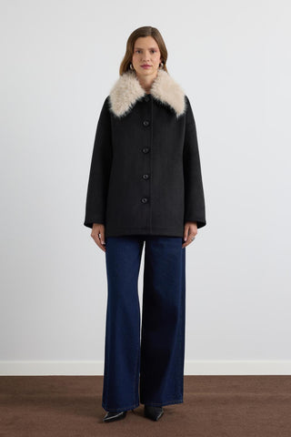 Wool Coat with Fur Collar Black