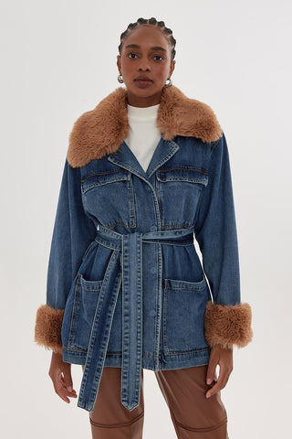 Faux Fur Trimmed Denim Jacket Mid Blue