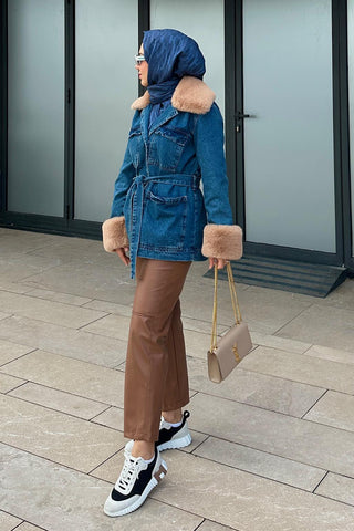 Faux Fur Trimmed Denim Jacket Mid Blue