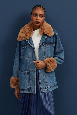 Faux Fur Trimmed Denim Jacket Mid Blue