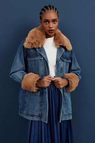 Faux Fur Trimmed Denim Jacket Mid Blue