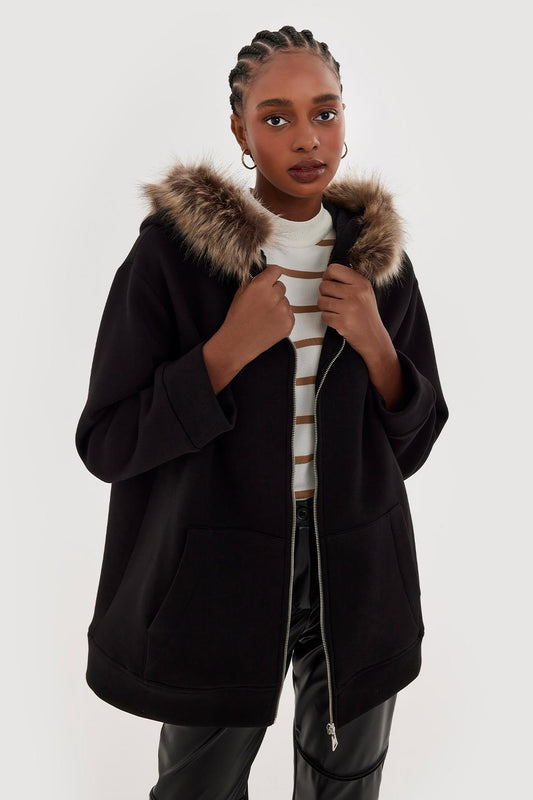 Hooded Cardigan With Fur Black
