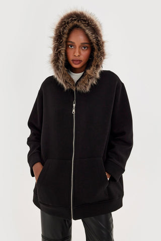 Hooded Cardigan With Fur Black