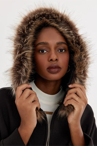 Hooded Cardigan With Fur Black