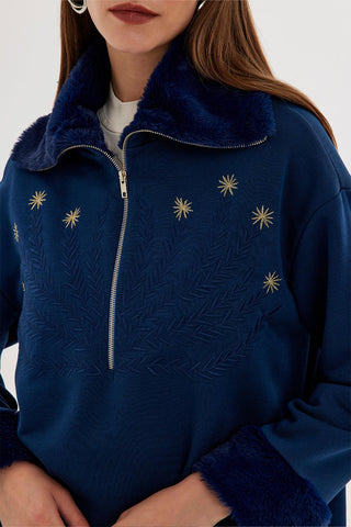 Embroidered Sweatshirt With Fur Indigo