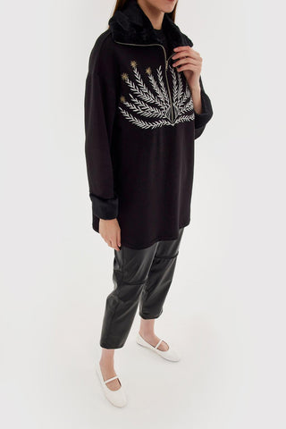 Embroidered Sweatshirt With Fur Black