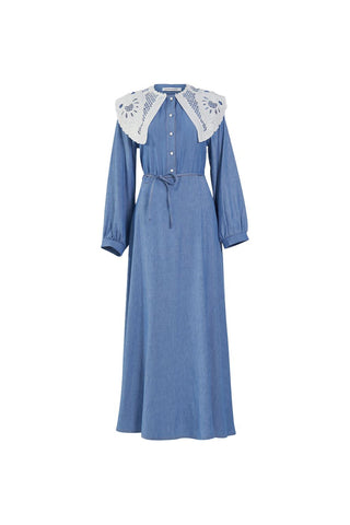 Lace Collar Tencel Dress Blue