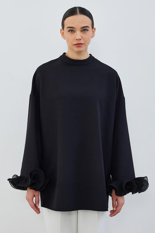 Lady Sleeve Pleated Detailed Tunic Black
