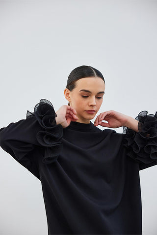 Lady Sleeve Pleated Detailed Tunic Black
