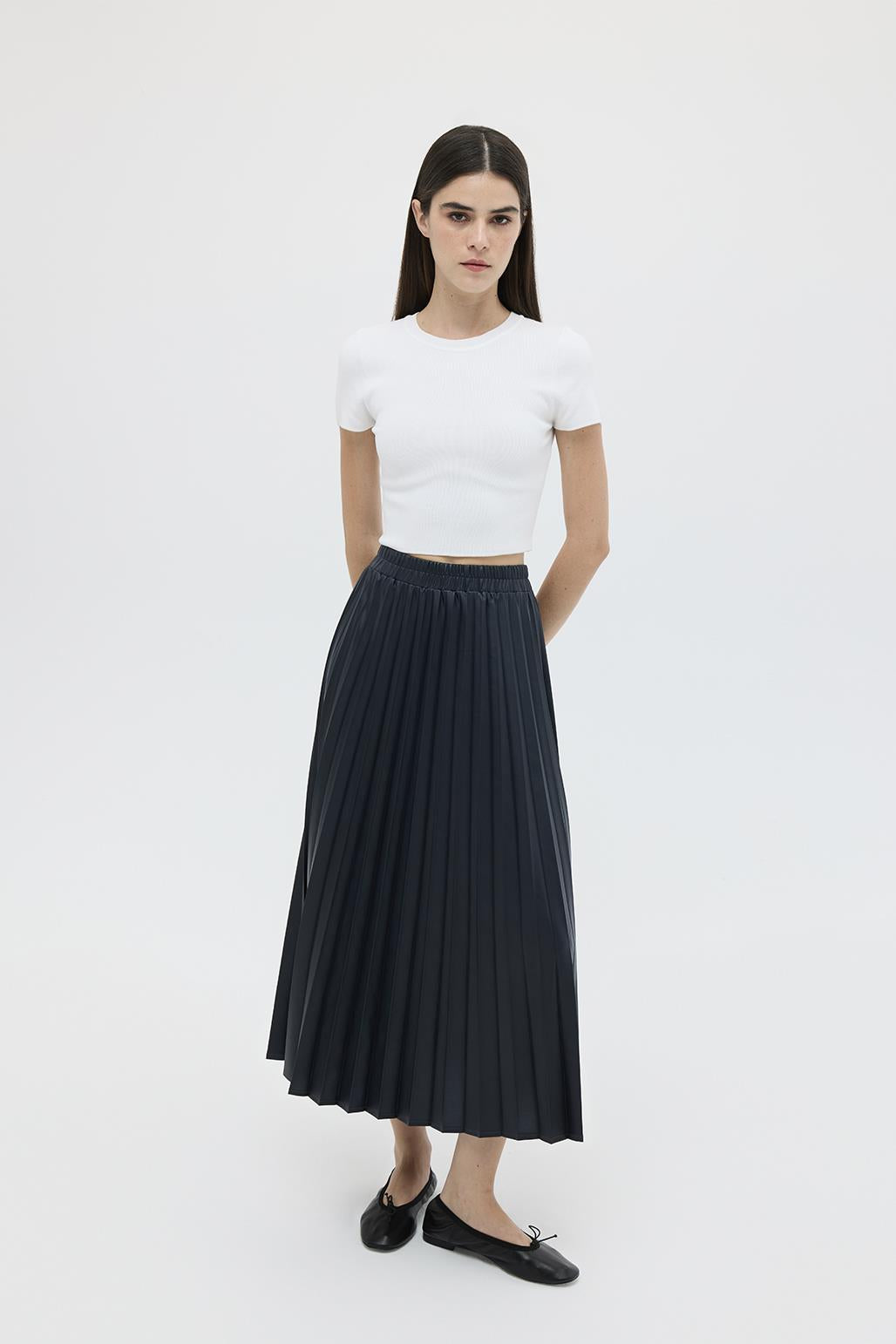 Leather Pleated Skirt Navy Blue