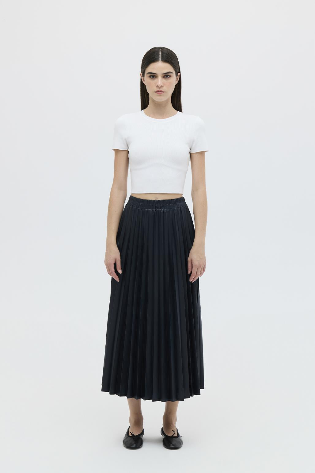 Leather Pleated Skirt Navy Blue