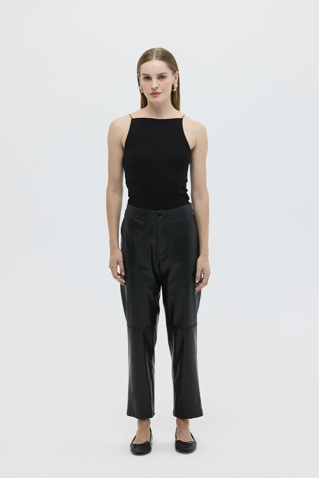 Leather Stitching Detailed Trousers Black