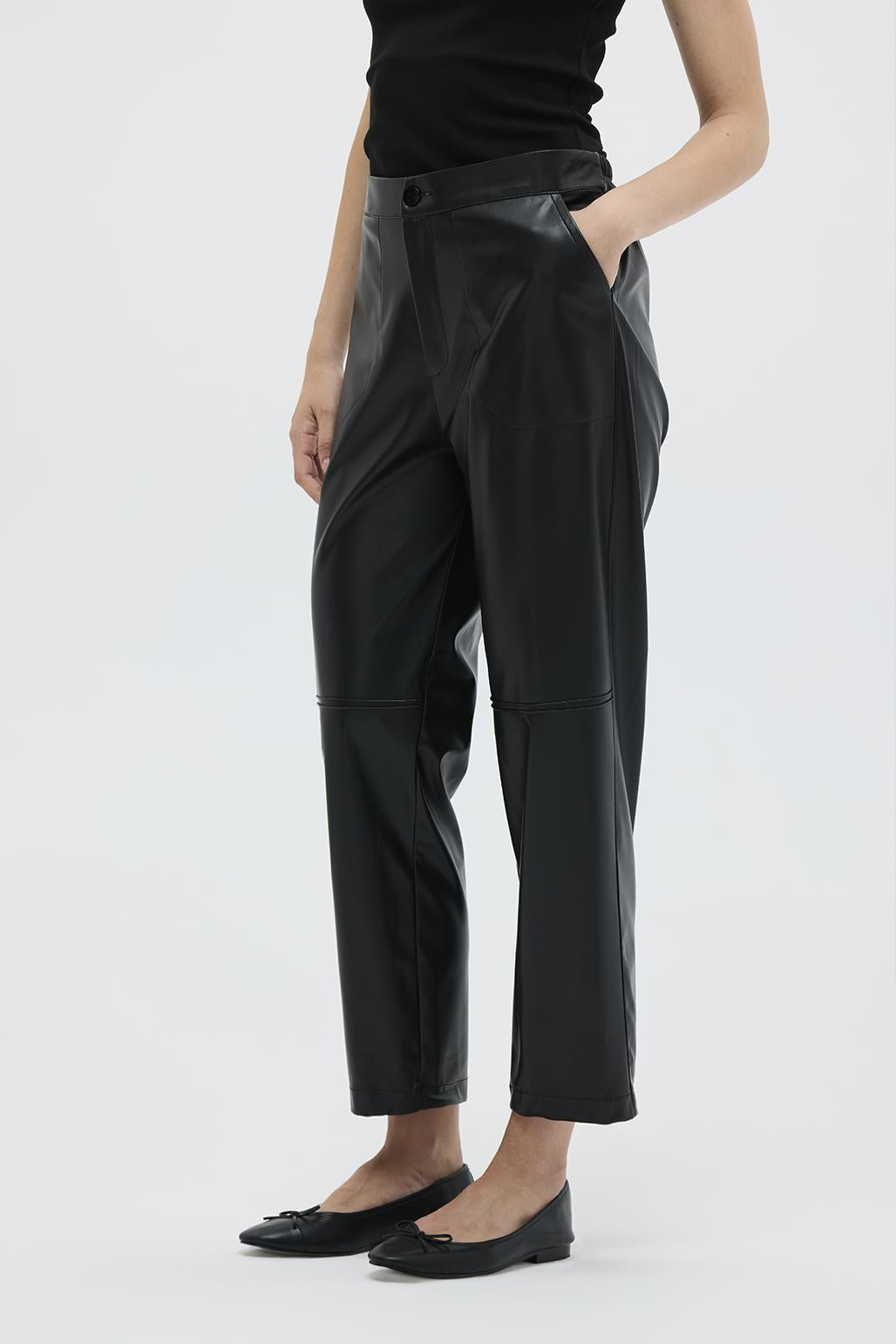 Leather Stitching Detailed Trousers Black