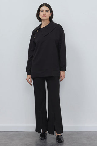 Liana Collar Sweat Slit Trousers Set Black