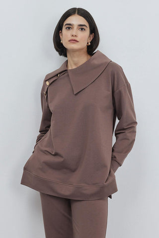 Liana Collar Sweat Slit Trousers Set Cocoa