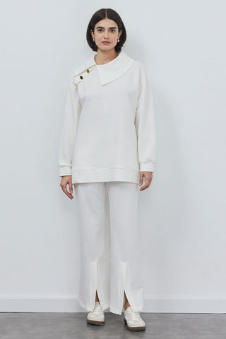Liana Collar Sweat Slit Trousers Set Ecru