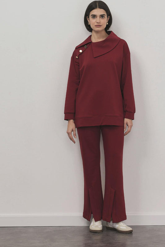 Liana Collar Sweat Slit Trousers Set Burgundy