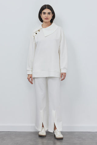 Liana Collar Sweat Slit Trousers Set Ecru