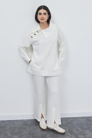 Liana Collar Sweat Slit Trousers Set Ecru