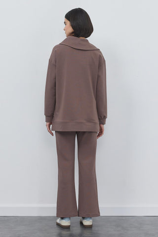 Liana Collar Sweat Slit Trousers Set Cocoa