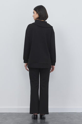 Liana Collar Sweat Slit Trousers Set Black