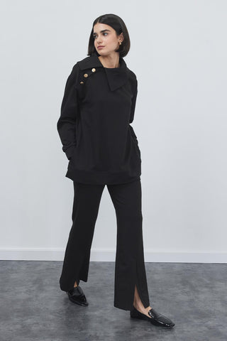 Liana Collar Sweat Slit Trousers Set Black