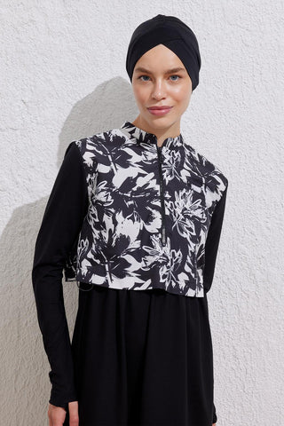 Lycra Zippered Patterned Modest Swimsuit Two-Piece Set Black