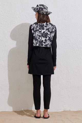 Lycra Zippered Patterned Modest Swimsuit Two-Piece Set Black