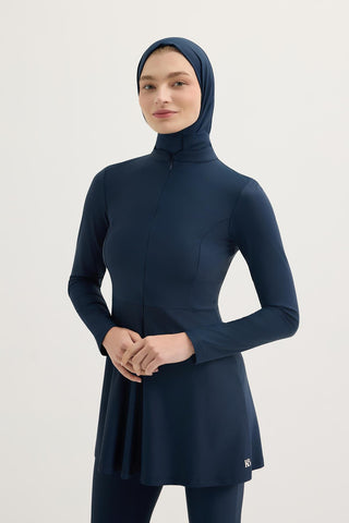 Stretch Stand Collar Modest Swimwear Set Navy