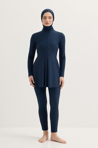 Stretch Stand Collar Modest Swimwear Set Navy