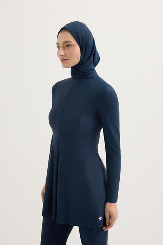 Stretch Stand Collar Modest Swimwear Set Navy