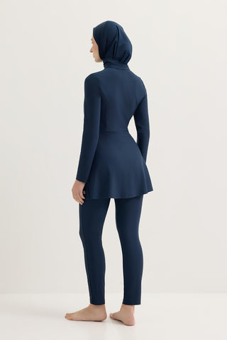 Stretch Stand Collar Modest Swimwear Set Navy