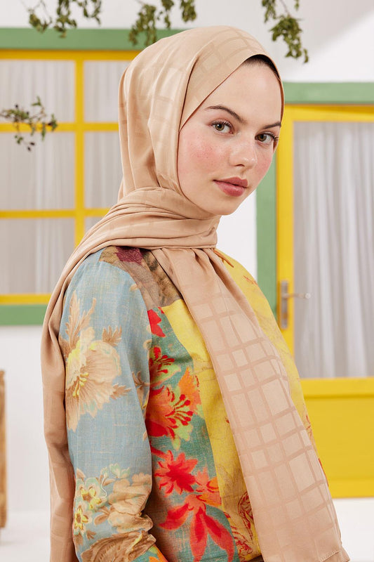 Linea Pattern Modal Jacquard Shawl Camel