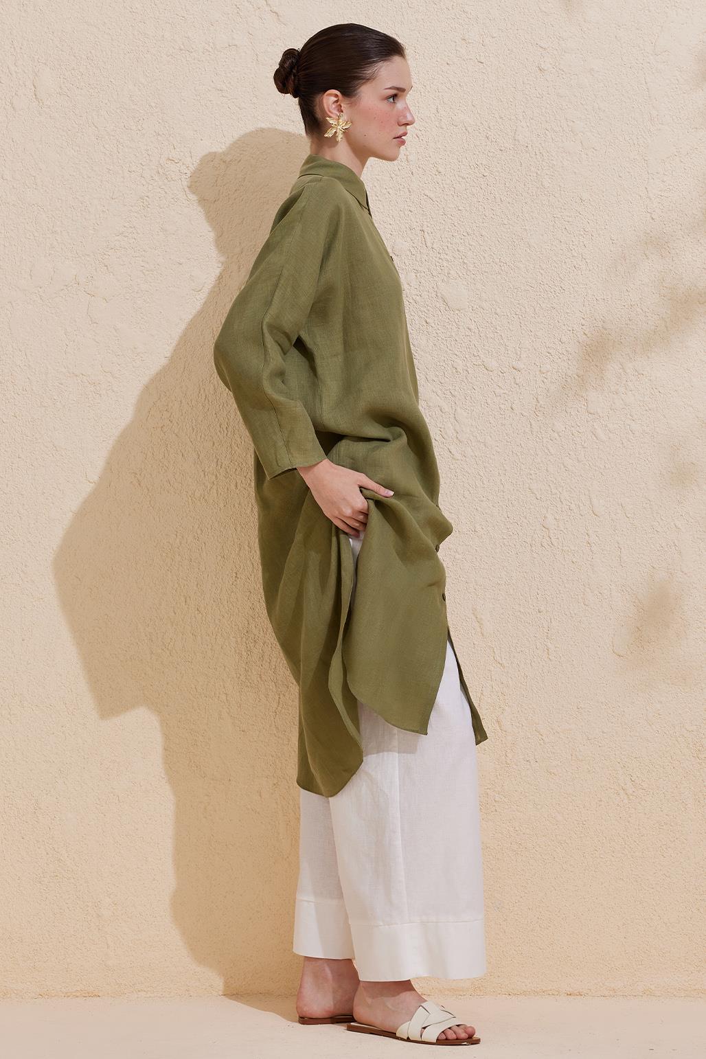 Linen Long Shirt Khaki Green