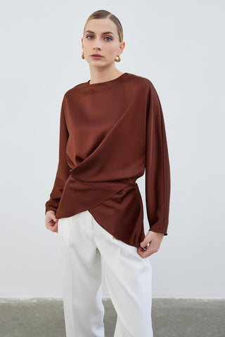 Loas Satin Tied Wrap Tunic Brown