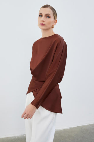 Loas Satin Tied Wrap Tunic Brown