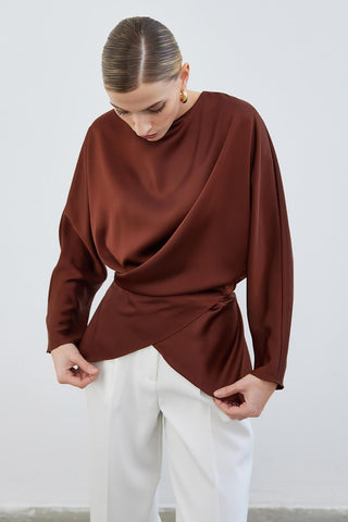 Loas Satin Tied Wrap Tunic Brown