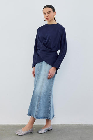 Loas Satin Tied Wrap Tunic Navy Blue