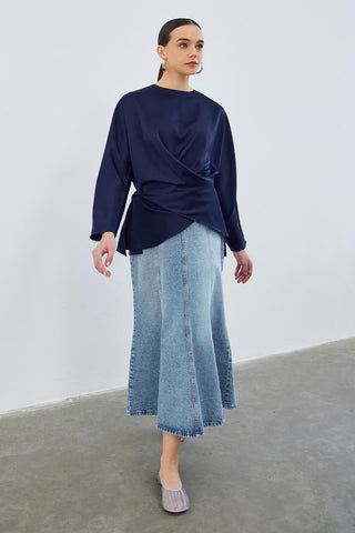 Loas Satin Tied Wrap Tunic Navy Blue