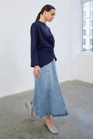 Loas Satin Tied Wrap Tunic Navy Blue
