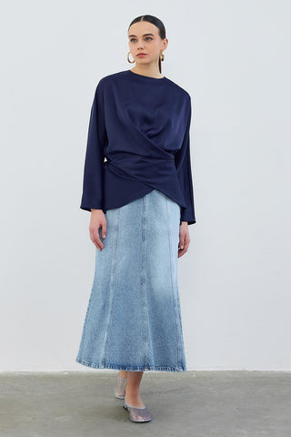 Loas Satin Tied Wrap Tunic Navy Blue
