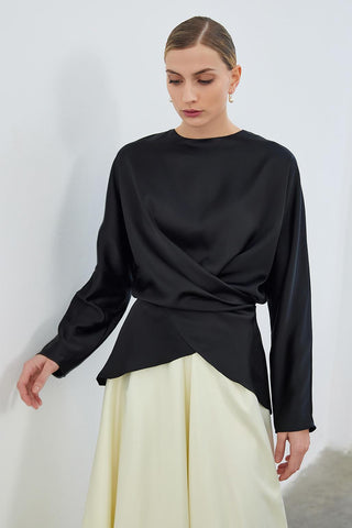 Loas Satin Tied Wrap Tunic Black